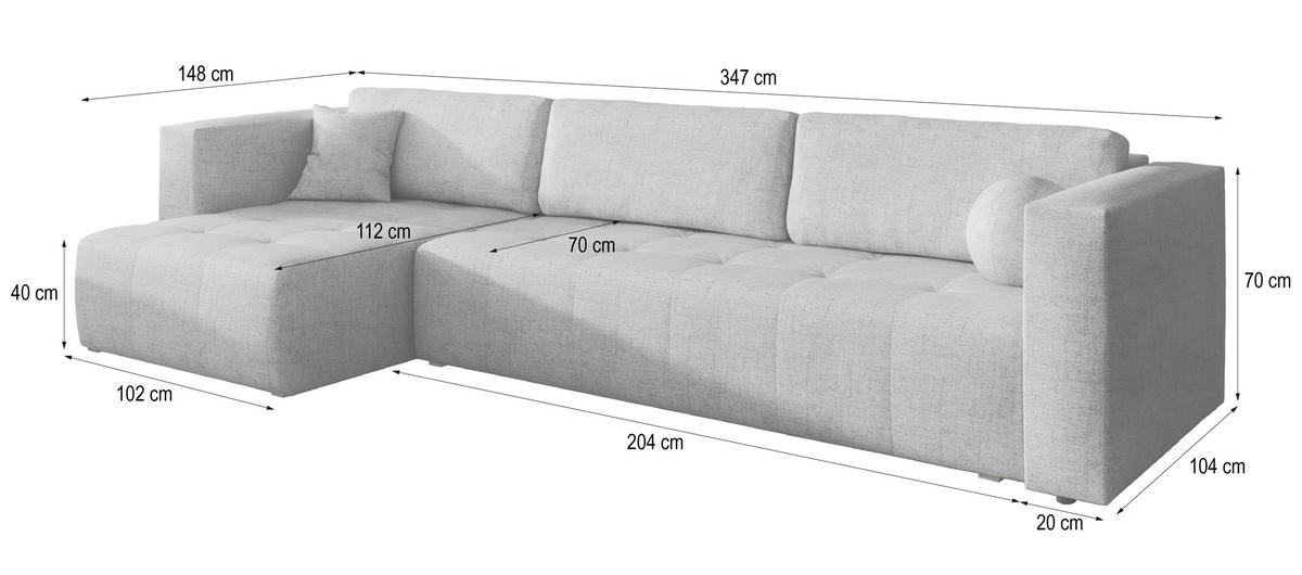 ECKSOFA OLVERA Grau Geflochtener Stoff mit Schlaffunktion - Grau, Holz (347/148cm) - MASSENO