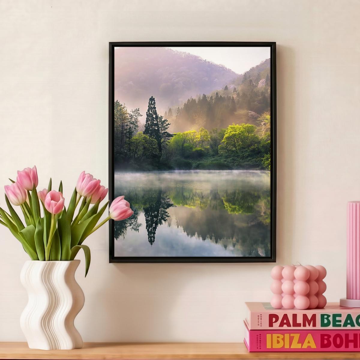 LEINWAND Bilder mit Rahmen - Natur - Bäume - Berge - See - Wasser - 30x40 - Hellgrün, Textil (30/40cm) - MuchoWow