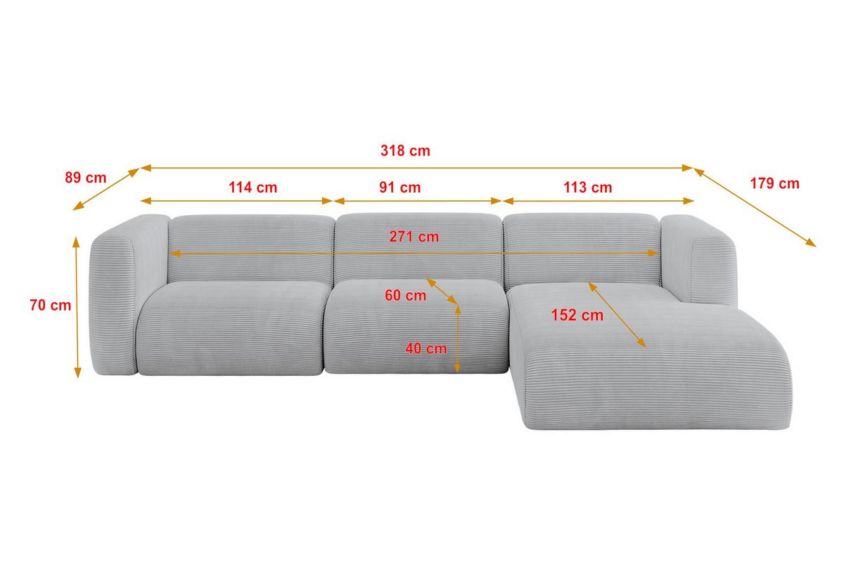 ECKSOFA Ottomane Rechts MIRA-L2 318x179x89 Grau Cord - Blaugrau/Schwarz, Holzwerkstoff/Kunststoff (318/179cm) - ALTDECOR