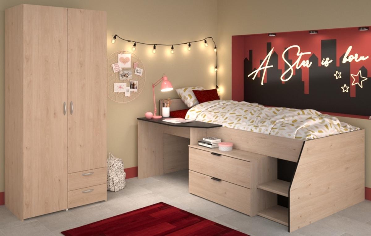 KINDERZIMMER-SET 2-teilig Eiche Jackson, schwarz, Jugendzimmer mit Stauraumbett - Eichefarben/Silberfarben, Holzwerkstoff/Kunststoff (203/185/135cm) - Parisot Meuble