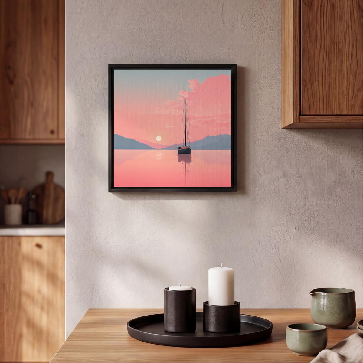 LEINWAND Bilder mit Rahmen - Segelboot - Rosa Meer - Sonnenuntergang - Berge - 20x20 - Rosa, Textil (20/20cm) - MuchoWow