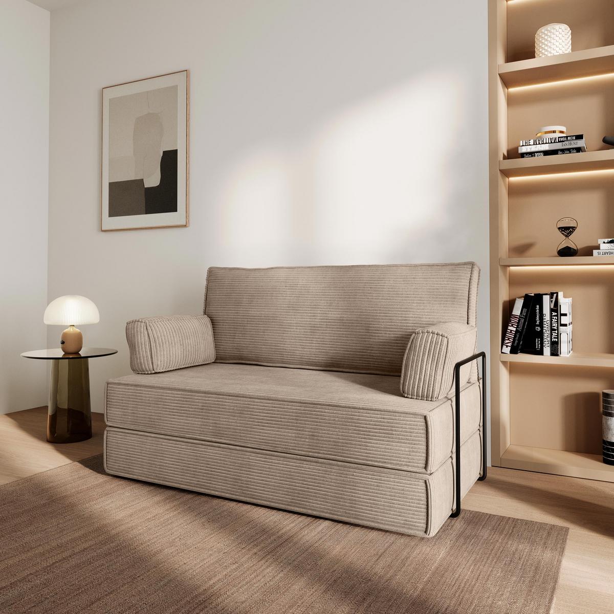 BETTSOFA LADIA aus Schaumstoff Kordstoff Beige Schlaffunktion - Beige, Textil (140/86/60cm) - MASSENO
