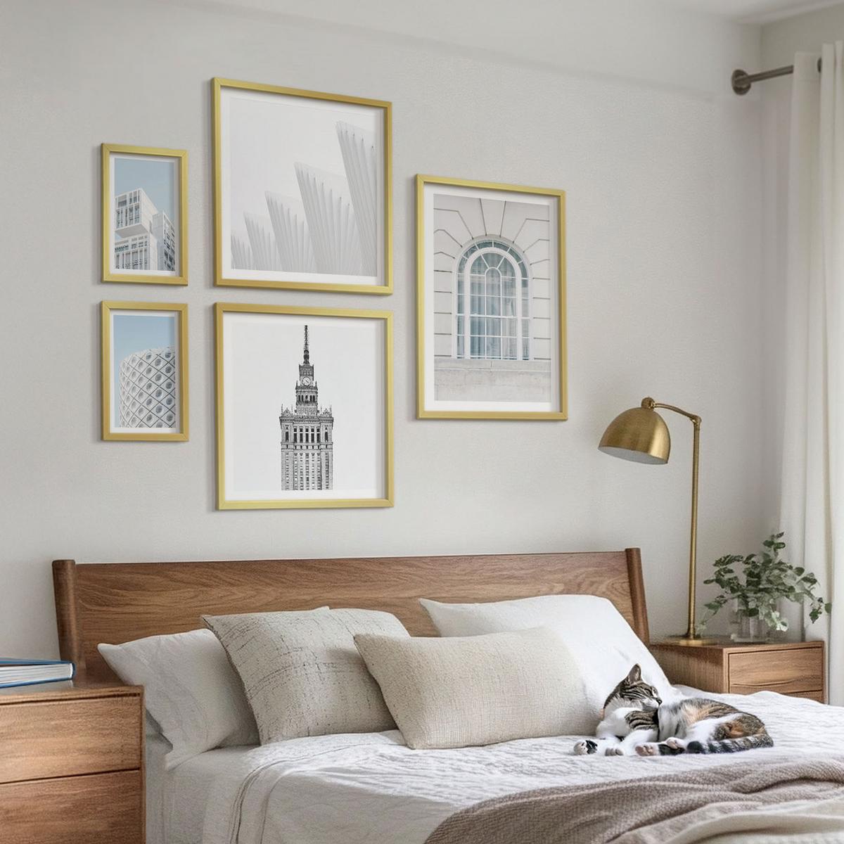 BILDER SET 5er Set - 50x50 cm & 20x30 cm & 40x60 cm Goldrahmen - Moderne Architekturgeometrie - Goldfarben, Kunststoff (40/60cm) - TULUP