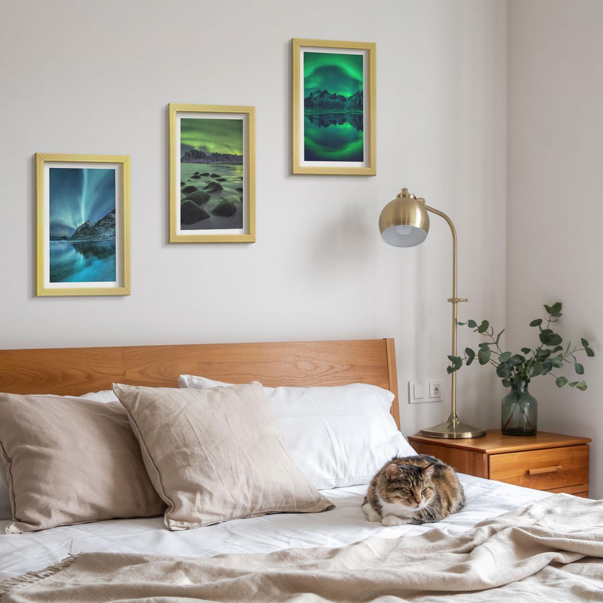 BILDER SET 3er Set - 20x30 cm Goldrahmen - Winterlandschaft der Aurora borealis - Goldfarben, Kunststoff (20/30cm) - TULUP