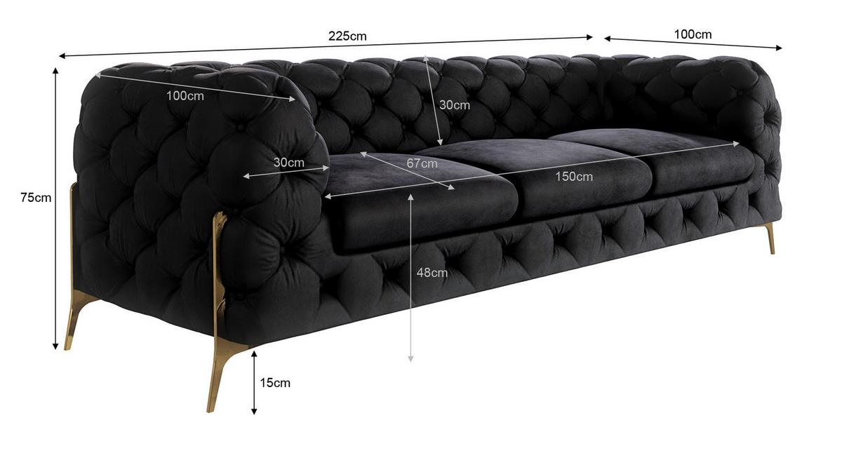 SITZGARNITUR 3+2+1 Chesterfield Lexi Schwarz Samt - Goldfarben/Schwarz, Holz/Textil (243/75/100cm) - S-Style Möbel