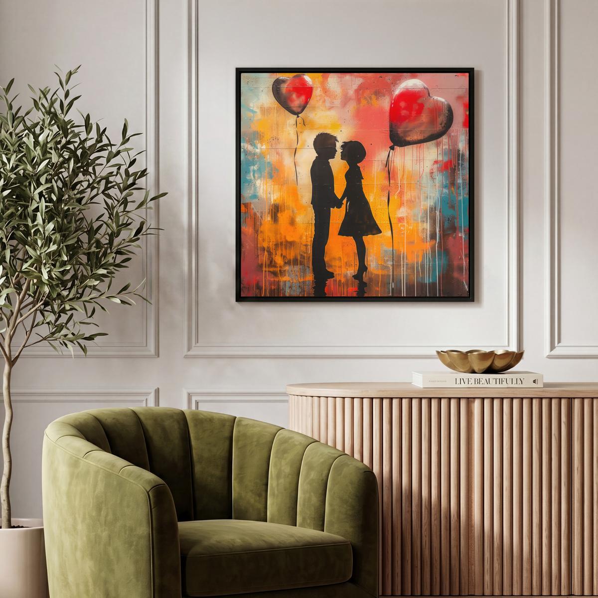 LEINWAND Bilder mit Rahmen - Straßenkunst - Liebe - Graffiti - Kunst - Banksy - 50x50 - Orange, Textil (50/50cm) - MuchoWow