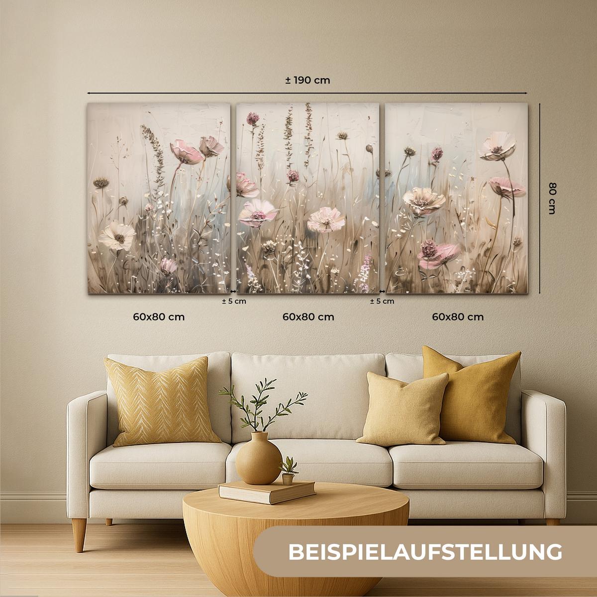 LEINWANDBILD 3er Set Blumen - Beige - Modern - Rosa 180x80 cm - Ecru, Textil (180/80cm) - MuchoWow