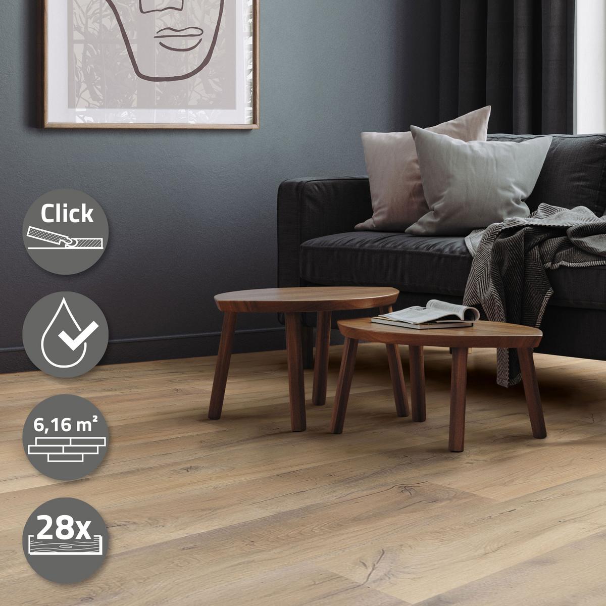 VINYLBODEN Klick 6,16m²/28 Dielen PVC Bodenbelag Eiche Rustikal Hell Holzoptik - Eichefarben, Kunststoff (122/18/0.42cm) - ML-DESIGN