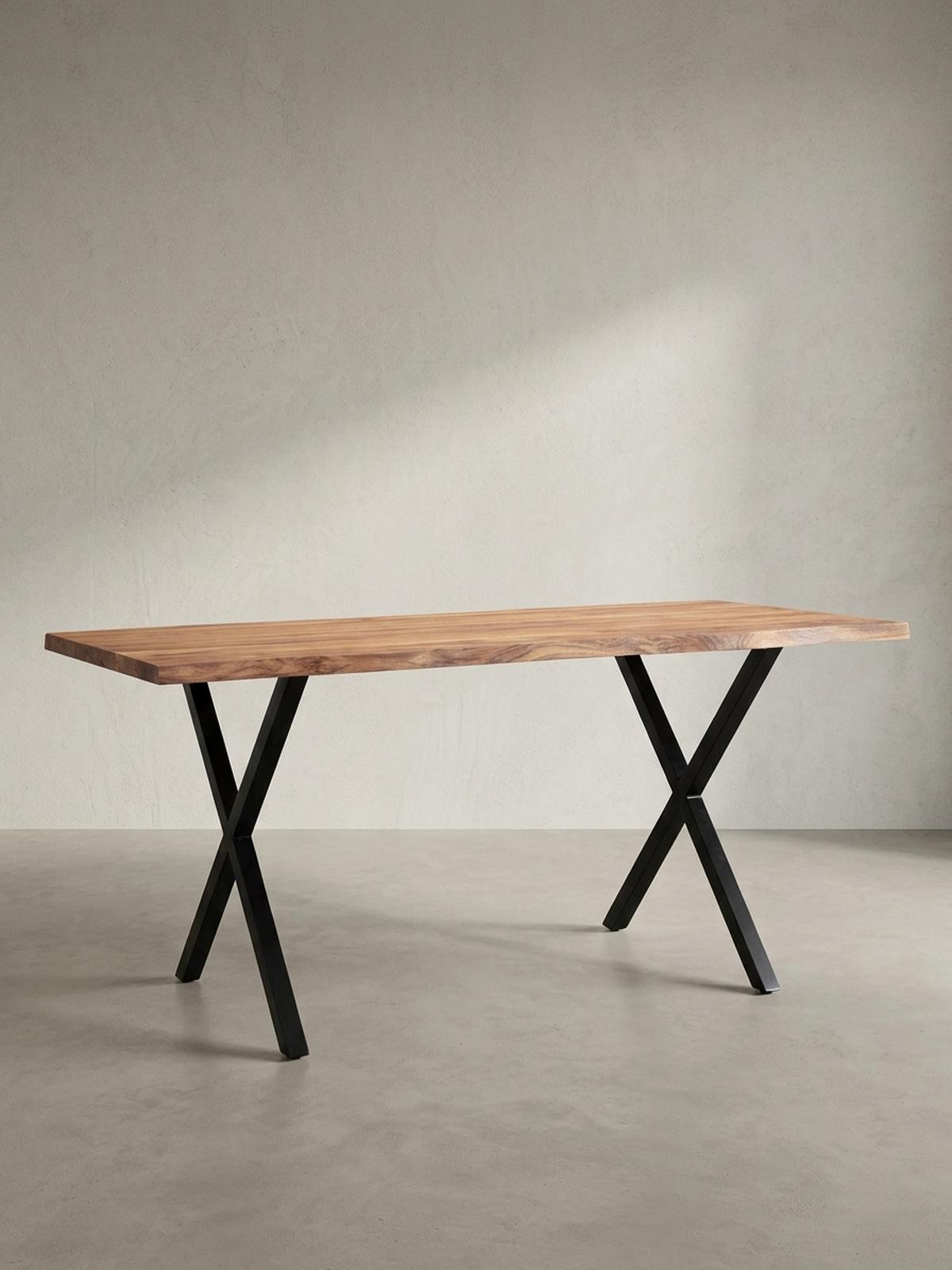 SCHREIBTISCH Massivholz X-Gestell Baumkante Handgefertigt KRETA, Goldbraun-Schwarz 160x80x76 cm - Schwarz/Braun, Holz/Metall (80/160/76cm) - KADIMA DESIGN