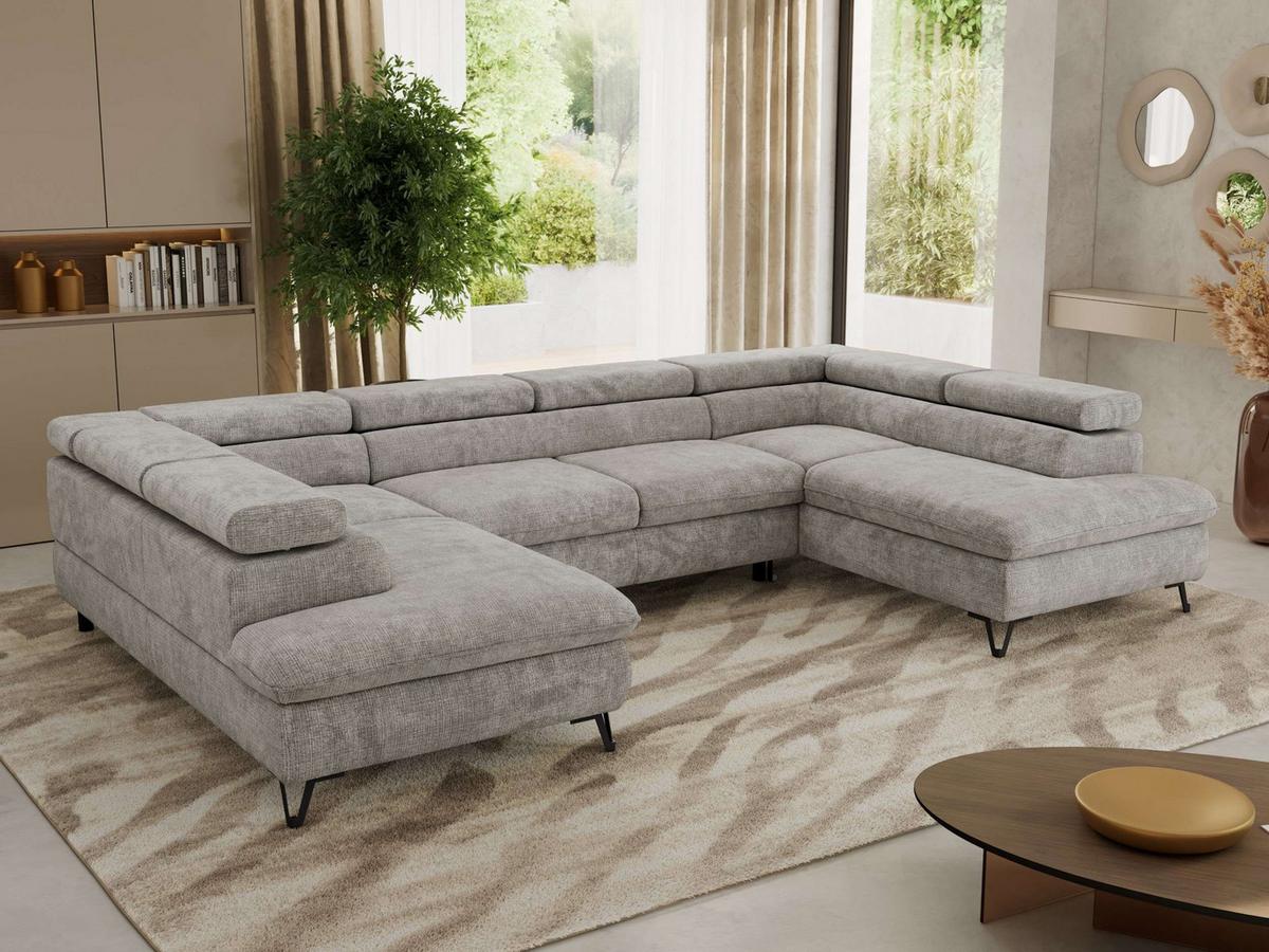 WOHNLANDSCHAFT PABLO U Schenille grob gewebt Hellgrau mit Topper Visco - Hellgrau/Schwarz, Textil/Metall (346/76/208cm) - MKS