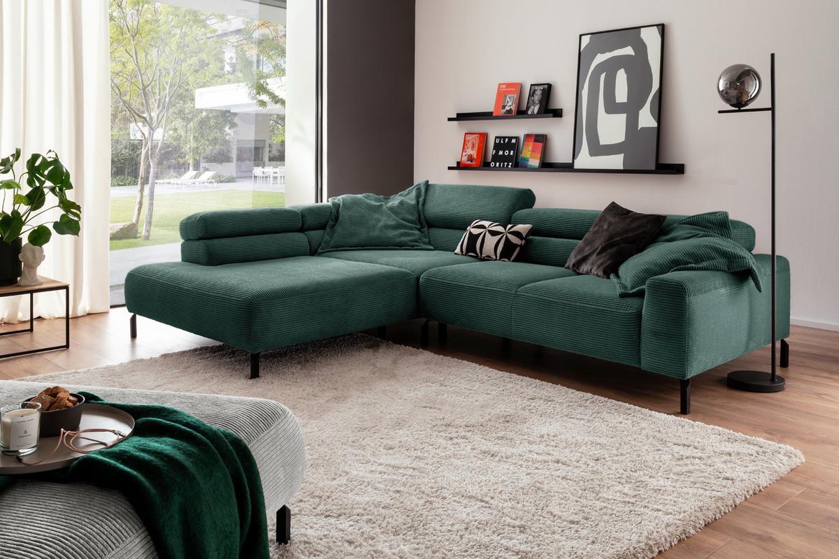 ECKSOFA DELIA Smaragdgrün Cord - Smaragdgrün/Schwarz, Textil/Metall (276/219cm) - KAWOLA
