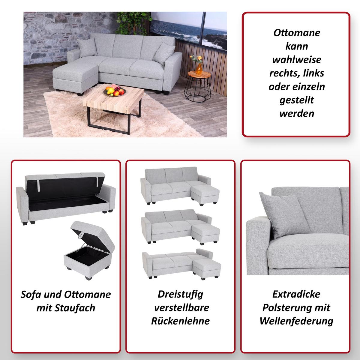 SOFA MIT OTTOMANE Hellgrau - Hellgrau, Textil (217/145cm) - MCW