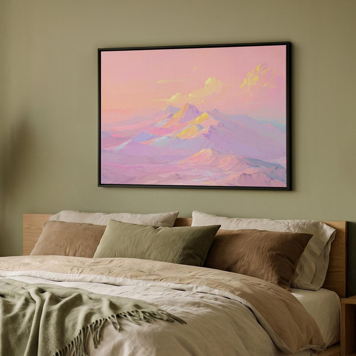 LEINWAND Bilder mit Rahmen - Berggipfel - Wolken - Verträumt - 100x70 - Hellrosa, Textil (100/70cm) - MuchoWow