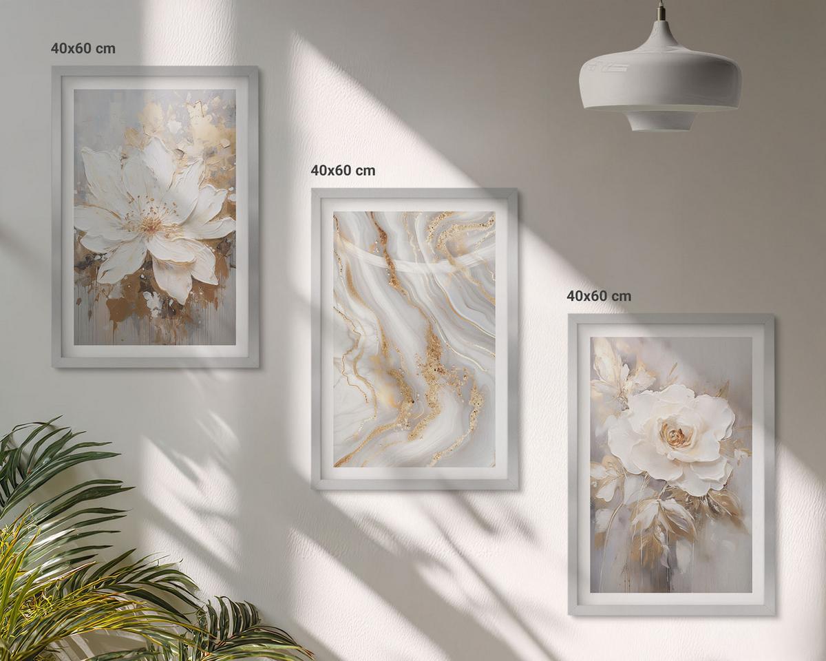 BILDER SET 3er Set - 40x60 cm Silberner Rahmen - Abstrakte Blumen aus Marmor - Silberfarben, Kunststoff (40/60cm) - TULUP