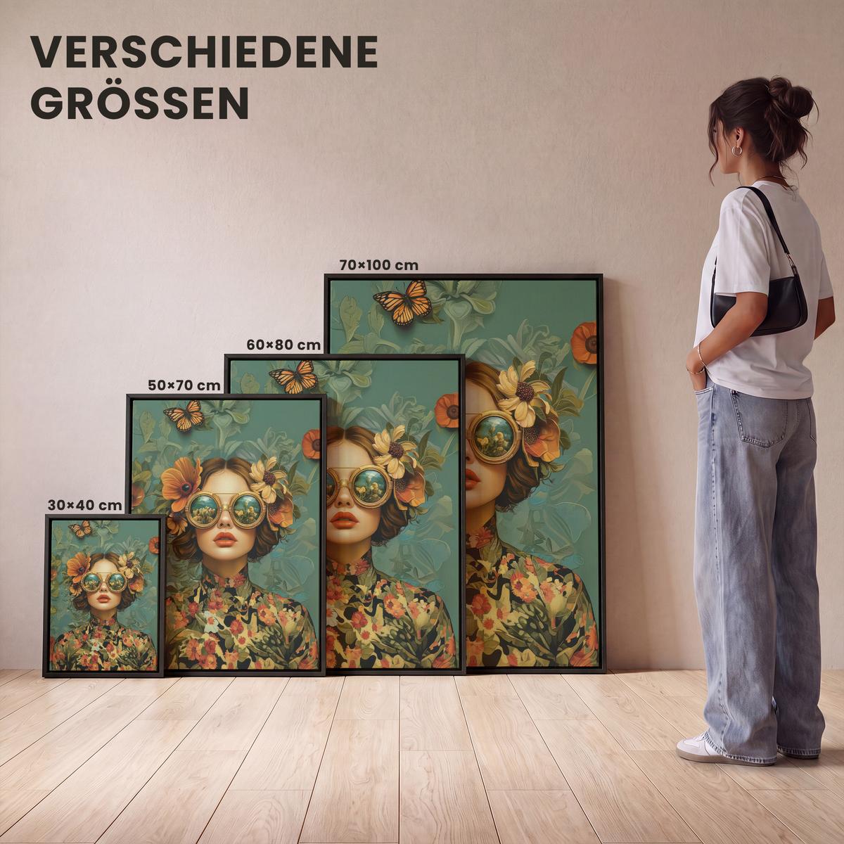 LEINWAND Bilder mit Rahmen - Frau - Blumen - Schmetterlinge - Natur - Vintage - 50x70 - Salbeigrün, Textil (50/70cm) - MuchoWow