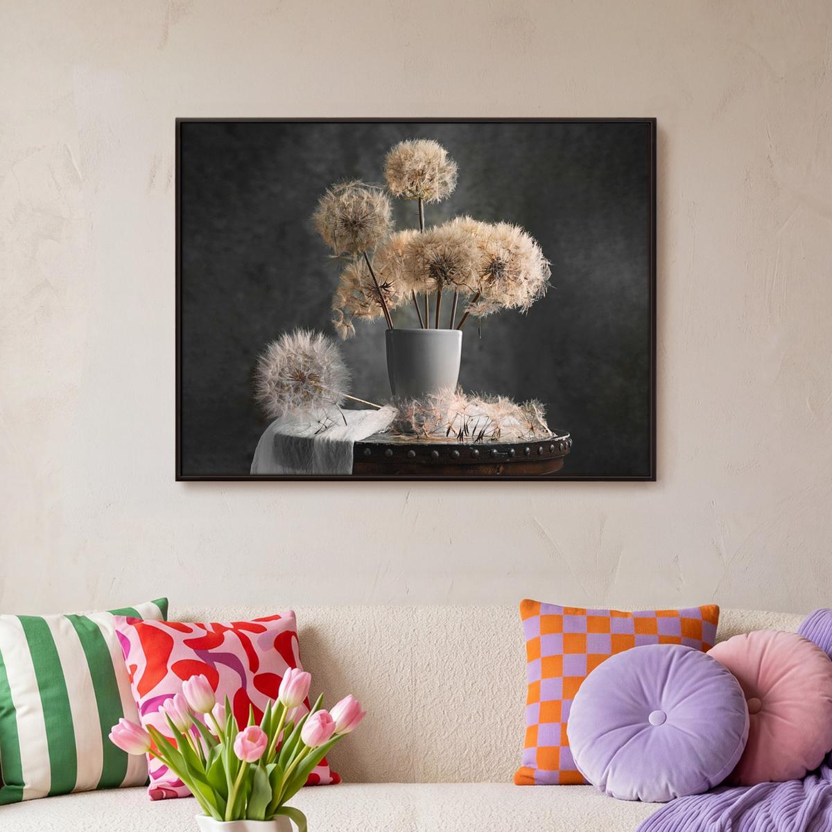 LEINWAND Bilder mit Rahmen - Blumensamen - Löwenzahn - Vase - Stilleben - Blumenstrauß - 70x50 - Dunkelgrau, Textil (70/50cm) - MuchoWow
