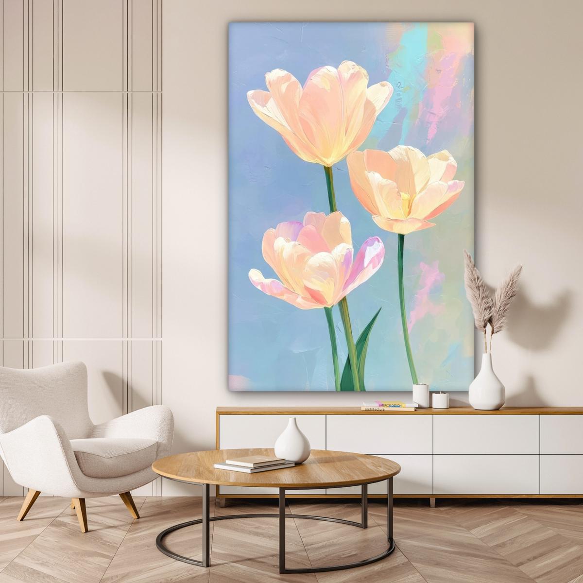 LEINWANDBILD Tulpen - Rosa Akzente - Blau Deko Groß 90x140 cm - Pastellblau, Textil (90/140cm) - MuchoWow
