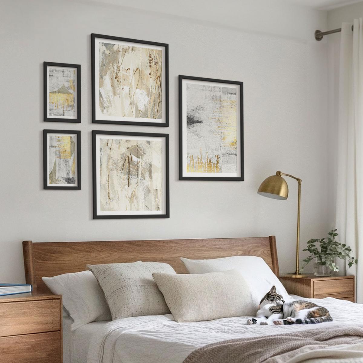 BILDER SET 5er Set - 50x50 cm & 20x30 cm & 40x60 cm Schwarzer Rahmen - Abstrakte minimalistische Muster - Schwarz, Kunststoff (40/60cm) - TULUP