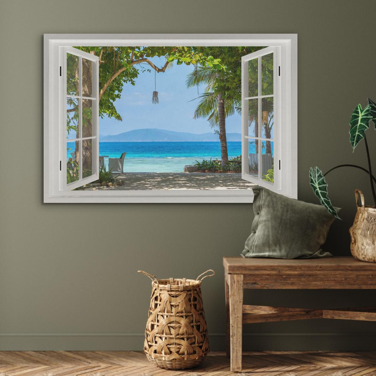 AKUSTIKBILD Aussicht - Baum - Meer - Palme - Hügel - Strand - Blau Wandbild Wohnzimmer 100x70 cm - Blau, Textil (100/70/0.9cm) - MuchoWow