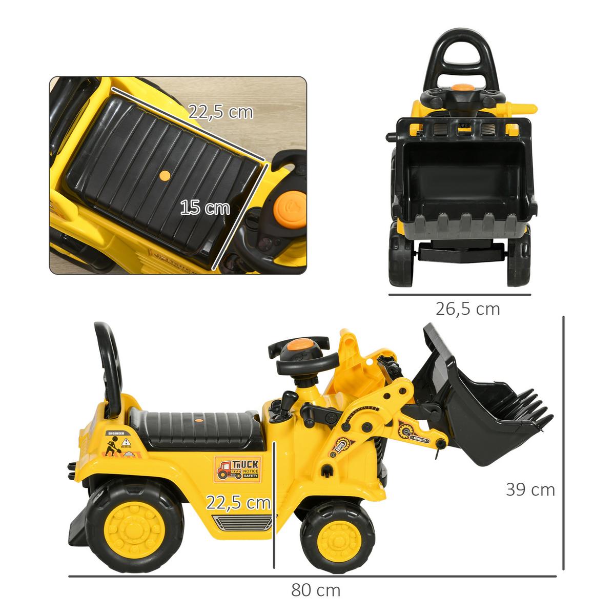 SITZBAGGER mit eingebautem Ablagefach Kinder Rutschauto traktor mit Hupe - Gelb, Kunststoff (26.5/39/80cm) - HOMCOM