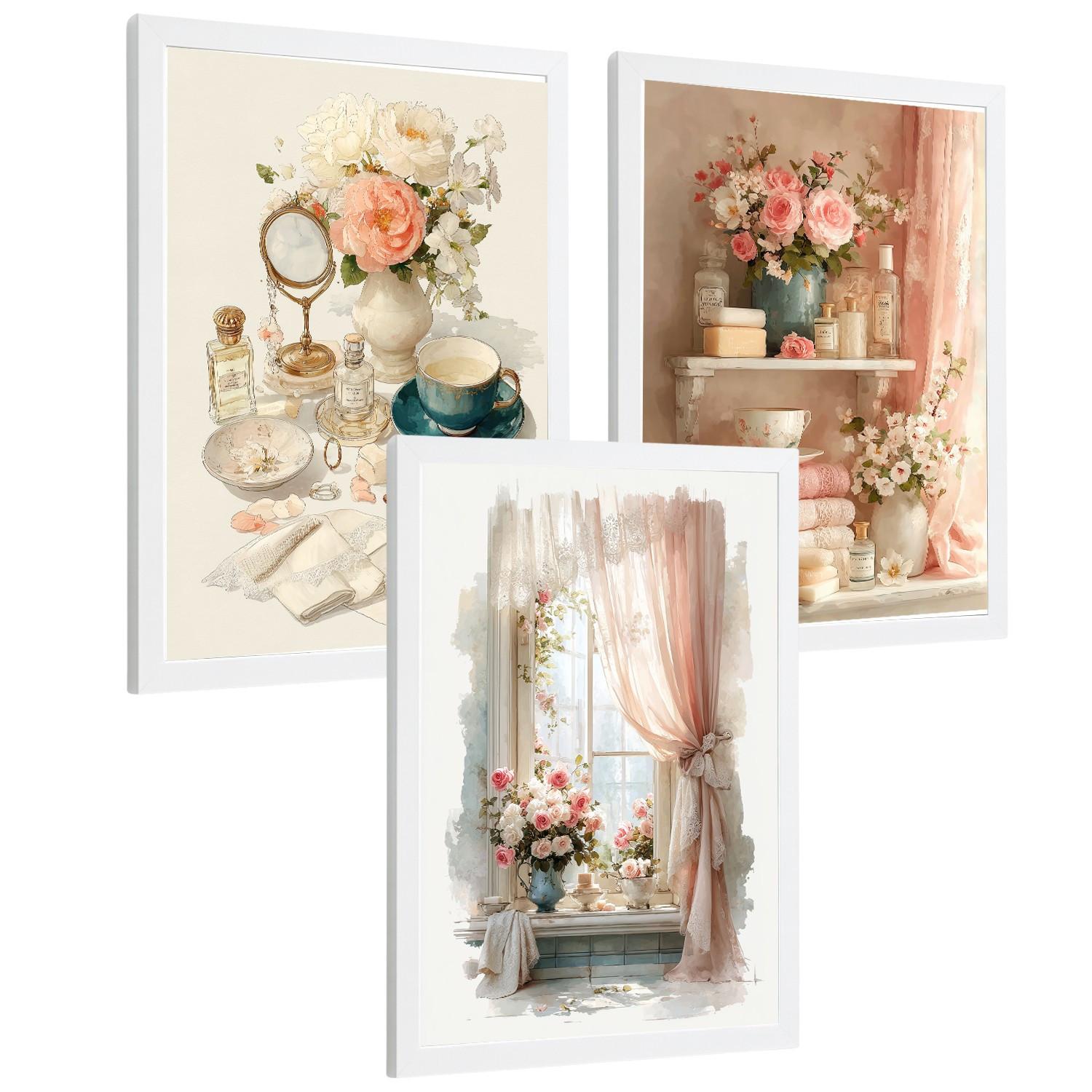POSTER 3er-Set dekorative Badezimmerdrucke, romantischer Stil, Bilder mit Rosen, Parfums und Fenster, elegante, Wohndekoration Weißer Rahmen A3 - Weiß, Papier (42/29.7/3cm) - Nacnic