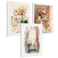POSTER 3er-Set dekorative Badezimmerdrucke, romantischer Stil, Bilder mit Rosen, Parfums und Fenster, elegante, Wohndekoration Weißer Rahmen A3 - Weiß, Papier (42/29.7/3cm) - Nacnic