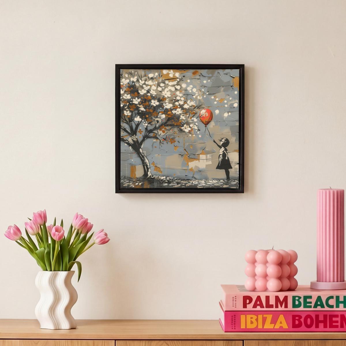 LEINWAND Bilder mit Rahmen - Baum - Graffiti - Banksy-Stil - Ballon-Mädchen - 20x20 - Blaugrau, Textil (20/20cm) - MuchoWow
