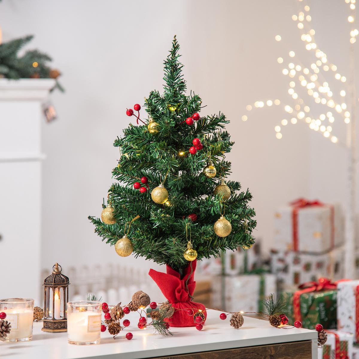 WEIHNACHTSBAUM mit Stechpalmenbeeren, Kugeln und LED-Lichtern Christbaum Grün - Grün, Kunststoff (60cm) - HOMCOM