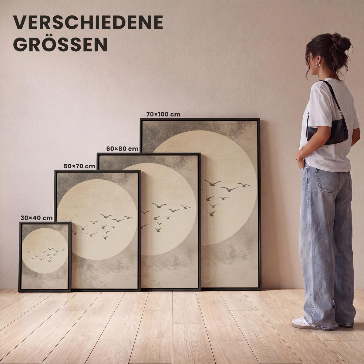 LEINWAND Bilder mit Rahmen - Vogel - Beige - Japanisch - 50x70 - Taupe, Textil (50/70cm) - MuchoWow