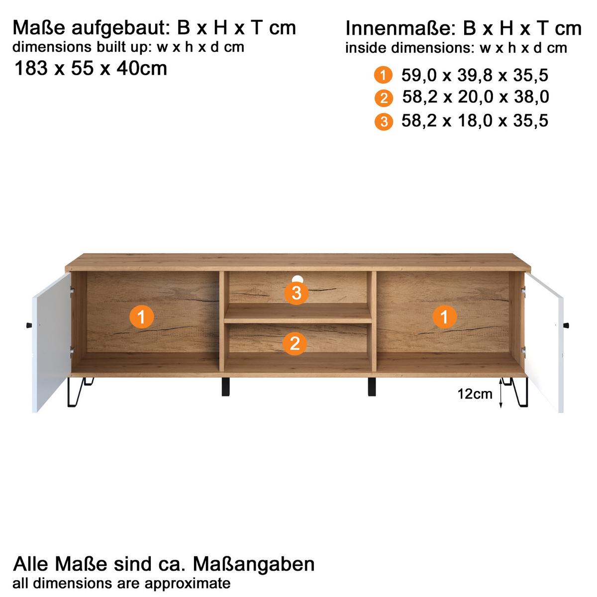 TV-LOWBOARD weiß matt, Eiche Artisan 183 cm,TV-Unterteil mit Soft-Close-Funktion - Eichefarben/Schwarz, Holzwerkstoff/Kunststoff (183/56/40cm) - Top.Furn