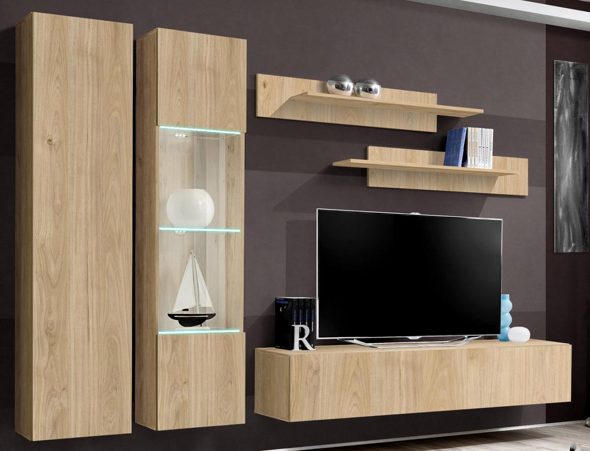 WOHNWAND Eiche Jackson 260 cm 5-teilig hängend, Anbauwand mit LED-Beleuchtung - Eichefarben, Glas/Holzwerkstoff (260/170/40cm) - Inn.Furn