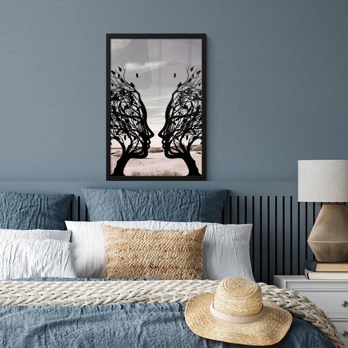 POSTER MIT RAHMEN Strand - Meer - Menschen - Baum - Moderne Kunst Bilder mit Rahmen 40x60 cm - Hellgrau, Papier (40/60cm) - MuchoWow