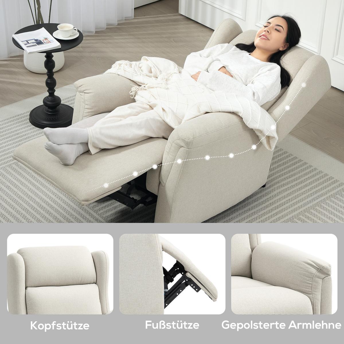RELAXSESSEL, Fernsehsessel mit Liegefunktion, TV-Sessel mit Taschenfederkern - Beige, Textil/Metall (80/101/94cm) - HOMCOM