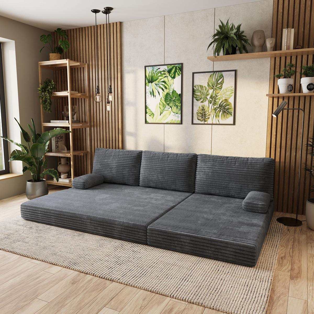 ECKSOFA ANKO modulares Boneless Sofa mit Schlaffunktion Grau Kordstoff - Dunkelgrau, Textil (270/160cm) - MASSENO