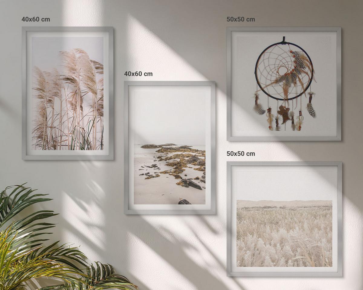 BILDER SET 4er Set - 50x50 cm & 40x60 cm Silberner Rahmen - Wiesen, Strand, Boho-Stil - Silberfarben, Kunststoff (50/50cm) - TULUP