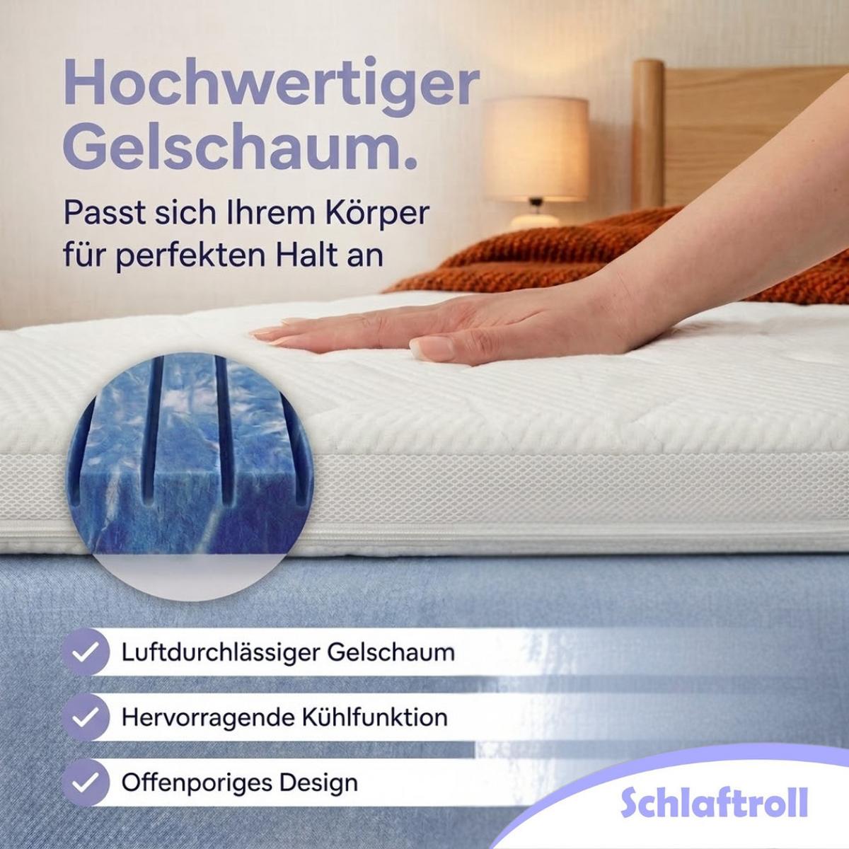 GEL TOPPER 160x200 cm 8 cm hoch 7 Zonen Matratzentopper druckentlastend atmungsaktiv kuehlend - Weiß, Textil (160/200cm) - Schlaftroll