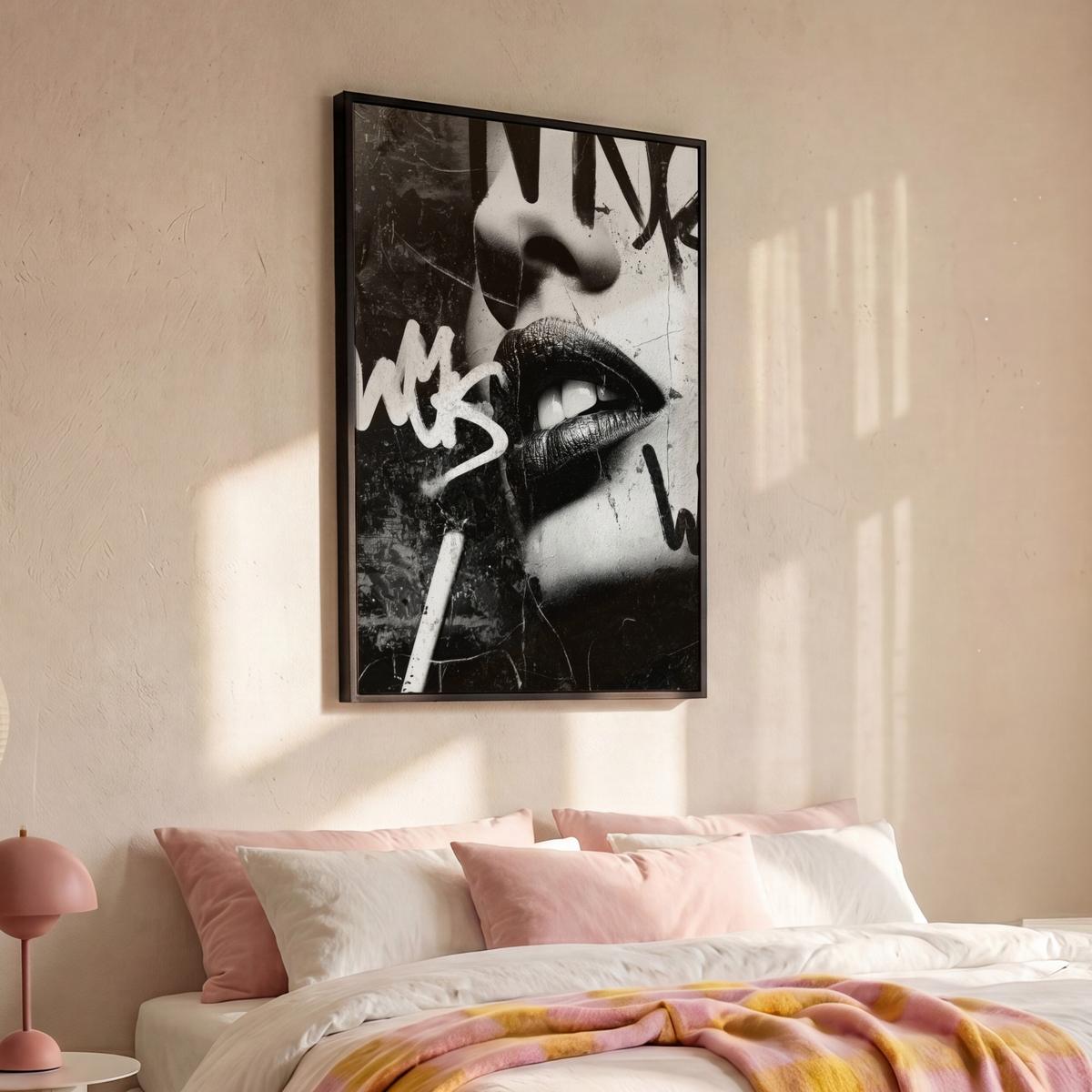 LEINWAND Bilder mit Rahmen - Gesicht - Mund - Graffiti - Schwarz - 90x140 - Schwarz, Textil (90/140cm) - MuchoWow