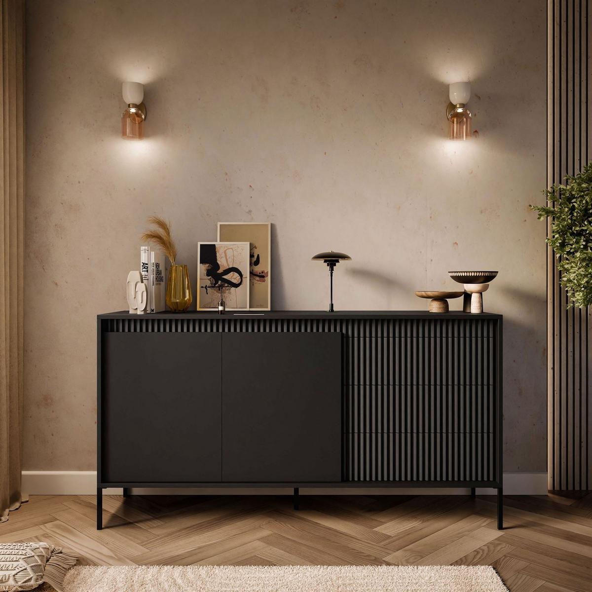 SIDEBOARDS YASUMI 153 2D3S mit Schubladen schwarz matt - Schwarz, Holzwerkstoff (153.5/81.4/39.4cm) - Lookway
