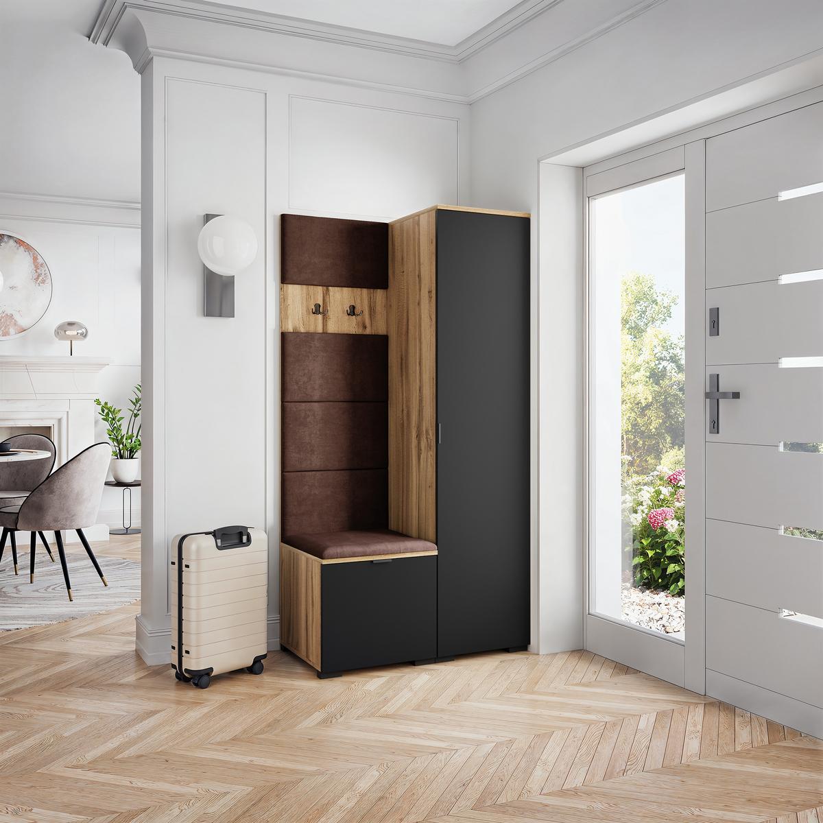 GARDEROBENSCHRANK LORI 95/181/51 cm Modern Garderobe-Set Eiche Wotan - Eiche Wotan/Schwarz, Holzwerkstoff (95/181/51cm) - MASSENO