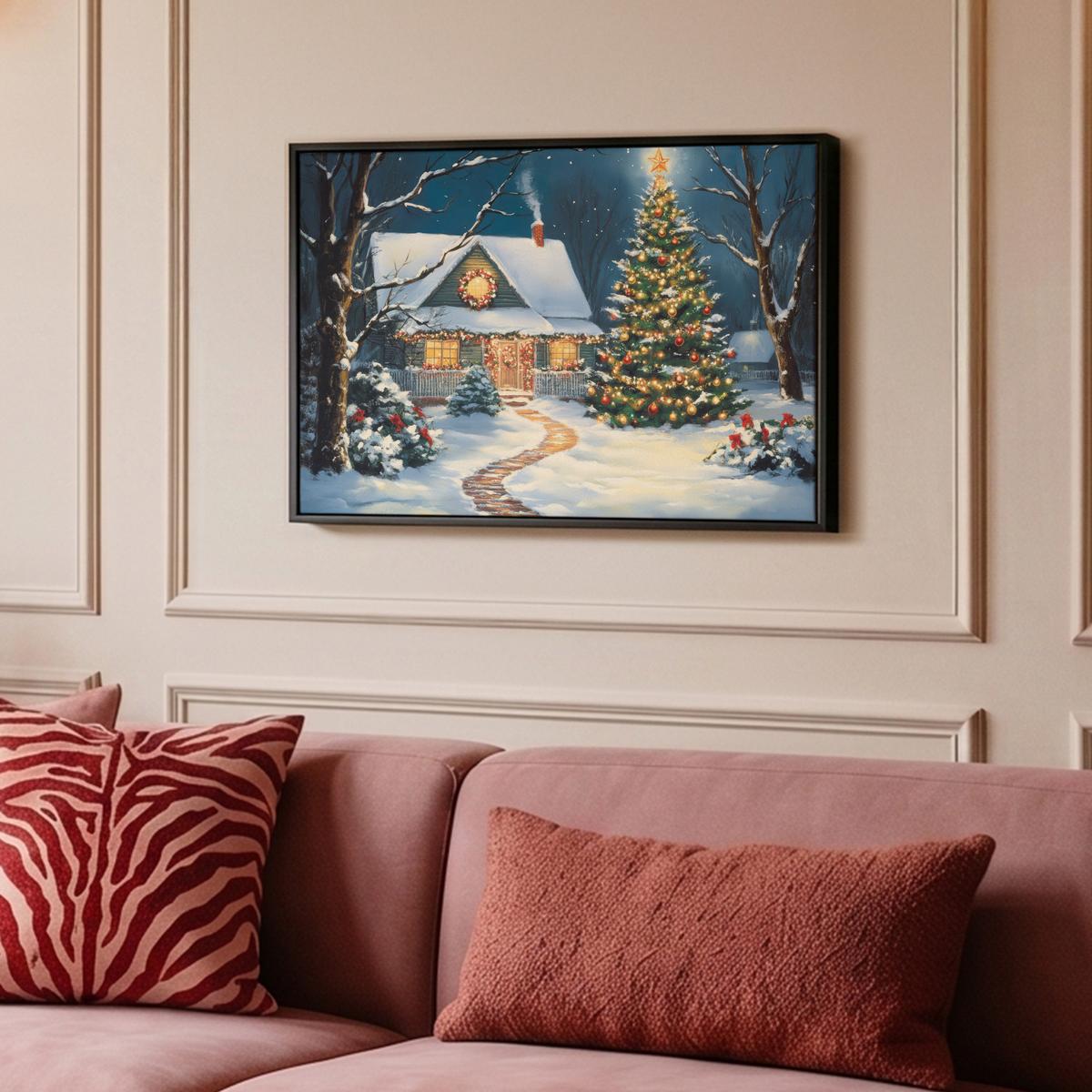 LEINWAND Bilder mit Rahmen - Weihnachten - Weihnachtsbaum - Winter - Zuhause - Schnee - 60x40 - Smaragdgrün, Textil (60/40cm) - MuchoWow