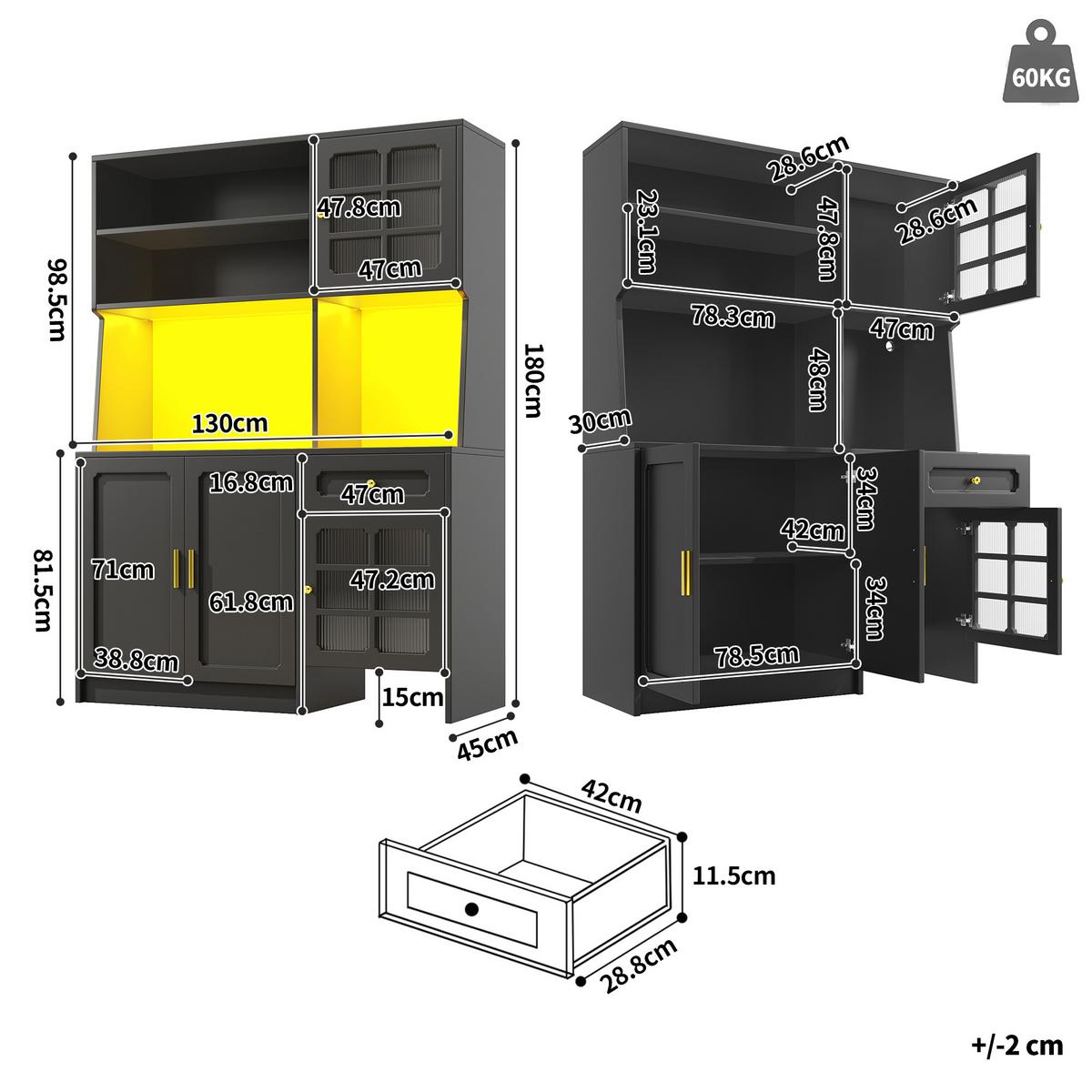 KÜCHENSCHRANK Schwarz 130x180 cm mit App-LED & Saugroboter-Garage - Schwarz, Holzwerkstoff (130/180/45cm) - Urban Meuble