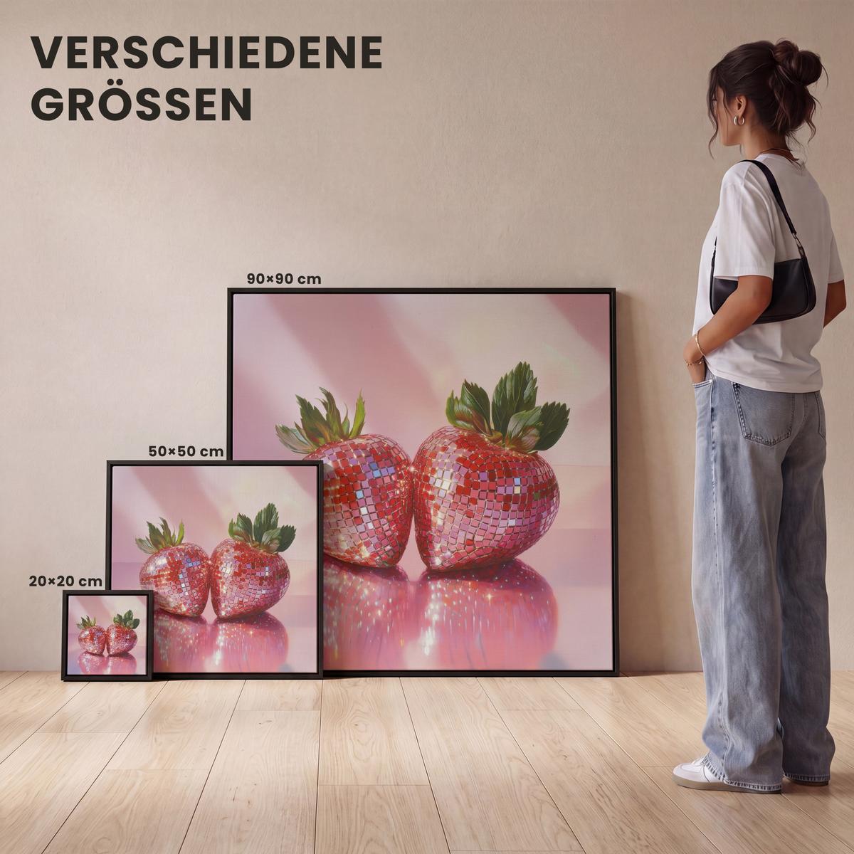 LEINWAND Bilder mit Rahmen - Disco - Obst - Glitzer - Erdbeere - 90x90 - Pink, Textil (90/90cm) - MuchoWow