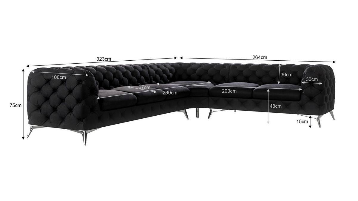 ECKSOFA Chesterfield Laura Schwarz Samt - Silberfarben/Schwarz, Holz/Textil (323/264cm) - S-Style Möbel