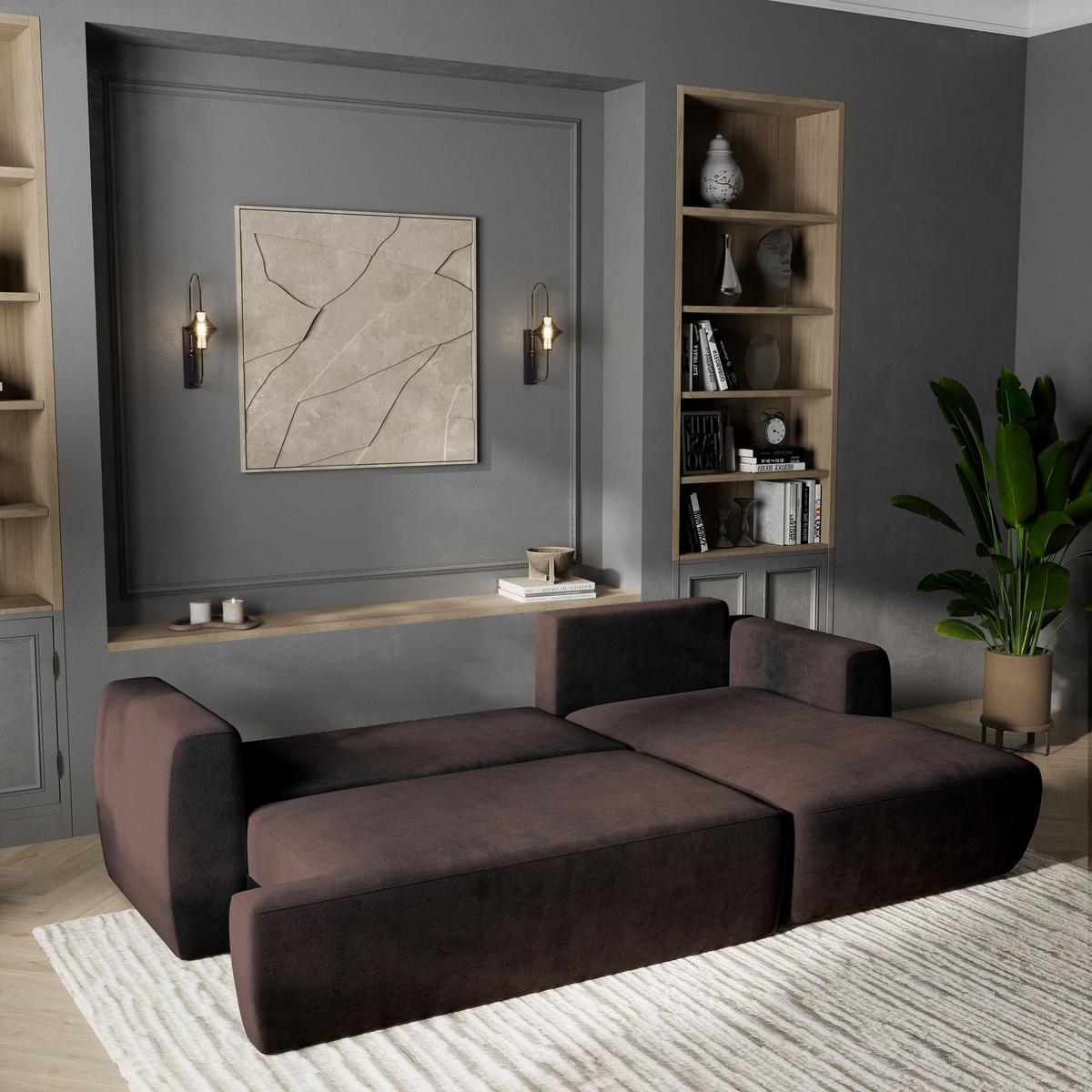ECKSOFA SENTI K R-S Braun Plüsch-Stoff mit Schlaffunktion - Schwarz/Braun, Holz/Kunststoff (246/148cm) - MASSENO