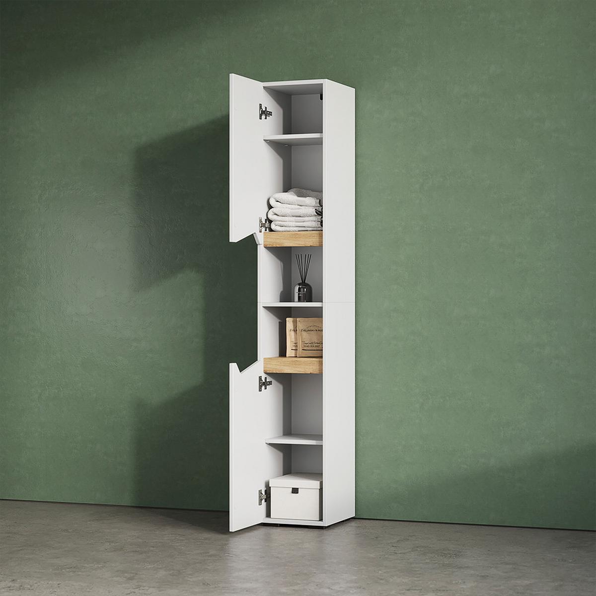 BADSCHRANK Timavo Weiß 30 x 180 cm mit Türen, und offenen Fächern - Weiß, Holzwerkstoff (30/180/35cm) - Livinity®