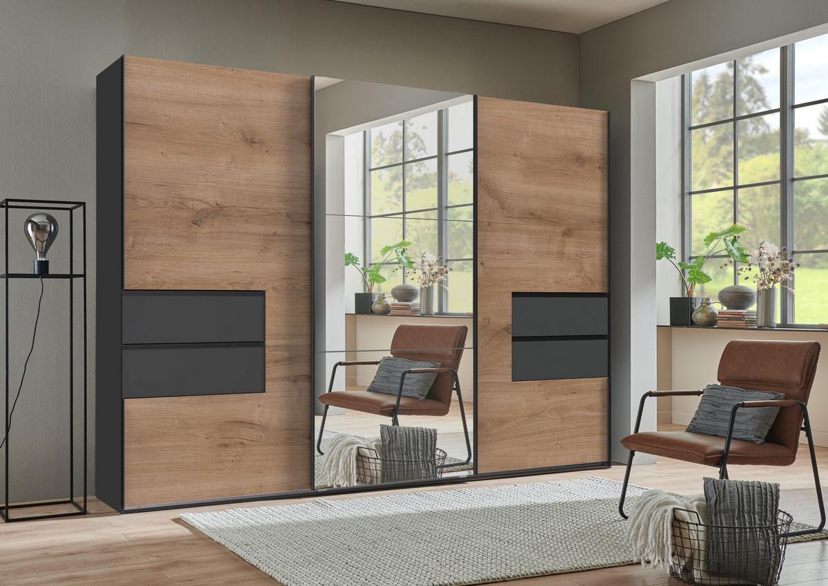 SCHWEBETÜRENSCHRANK 3-türig B300/H216/T65 cm, Korpus & Schubladen Grafit, Türen Eiche Dekor / Spiegel, Kleiderschrank inkl. Vollausstattung / 22055 - Eichefarben/Bordeaux, Holzwerkstoff/Metall (300/216/65cm) - luma-home