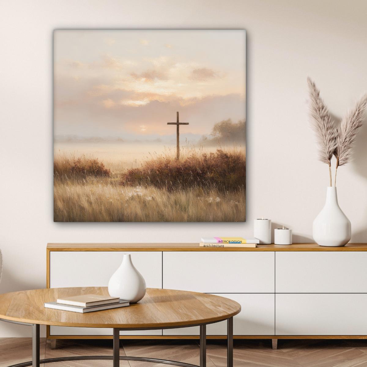LEINWANDBILD Gras - Morgennebel - Kreuz - Christentum Deko Groß 90x90 cm - Beige, Textil (90/90cm) - MuchoWow