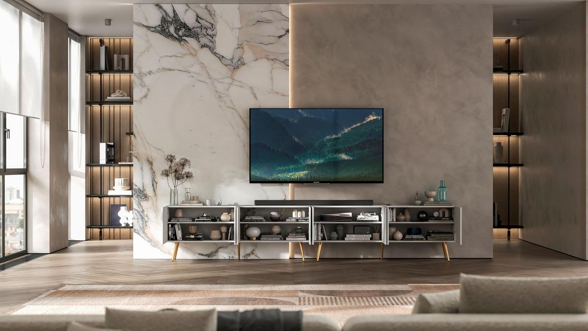 TV-LOWBOARD 2-er Set Elpis Weiß matt mit goldenen Metallbeinen 150 cm - Goldfarben/Weiß, Holzwerkstoff (300/60.5/36.5cm) - Meble Lindner