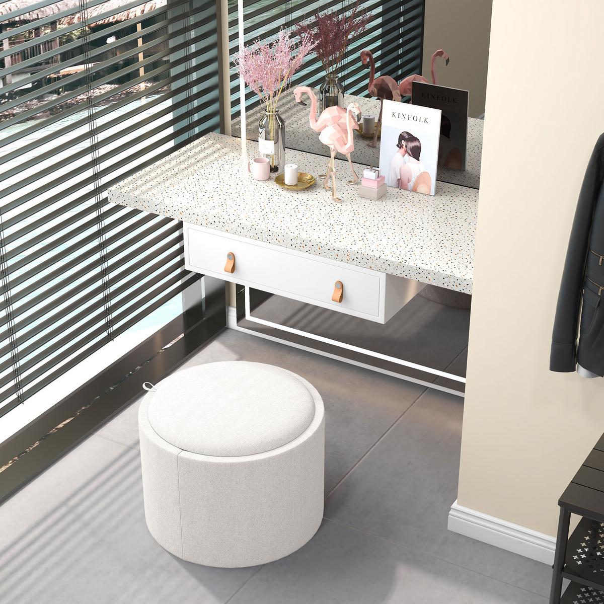 SITZHOCKER Rund mit Polsterung und Stauraum, Klappdeckel, Creme - Creme, Textil (56/42/56cm) - HOMCOM