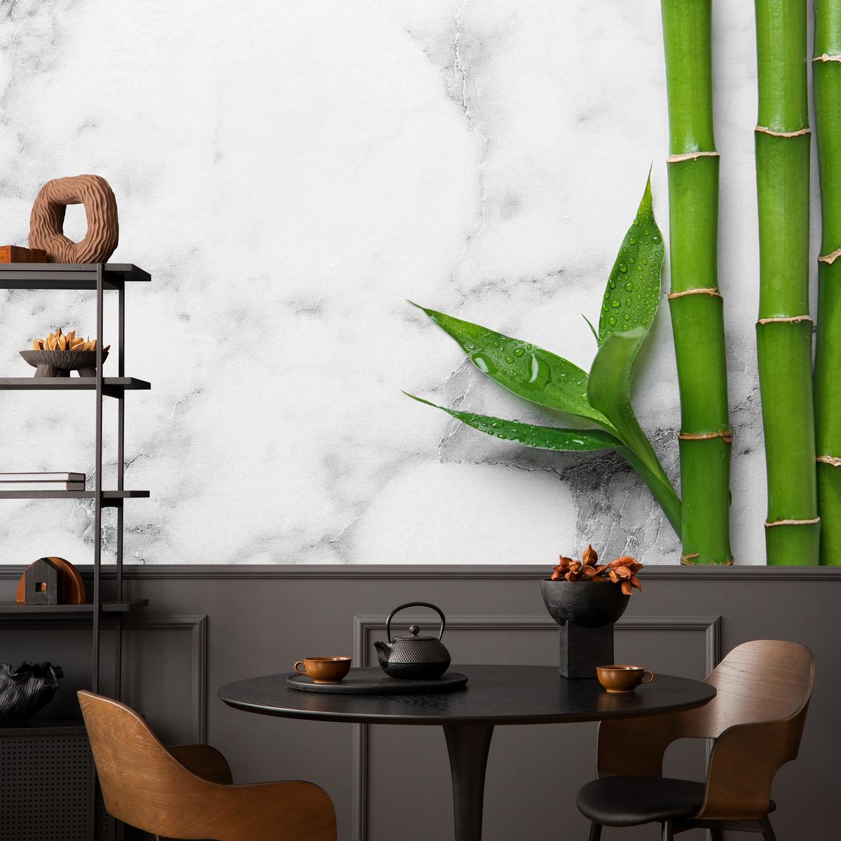 FOTOTAPETE für Küche Bambusblätter Grauer Marmor Exotisch Elegant 300x210 - Weiß/Grau, Papier (300/210cm) - Muralo